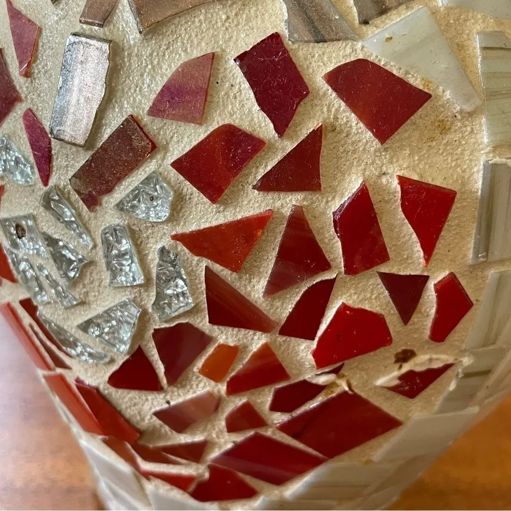 Handmade Mosaic Vase Heart Shaped Design Red Silver Cream